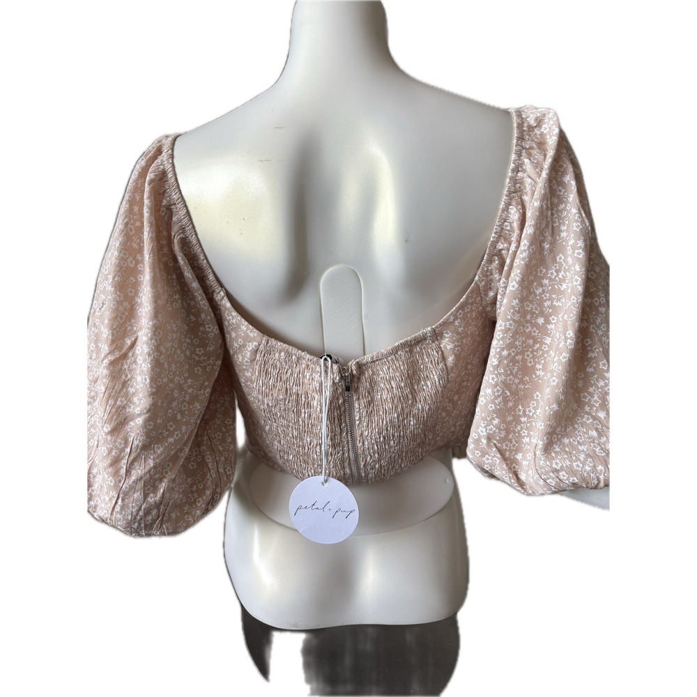 NWT Petal & Pup Floral Crop Top Puff Sleeve Tie Front Beige Women's Size L - Picture 4 of 13